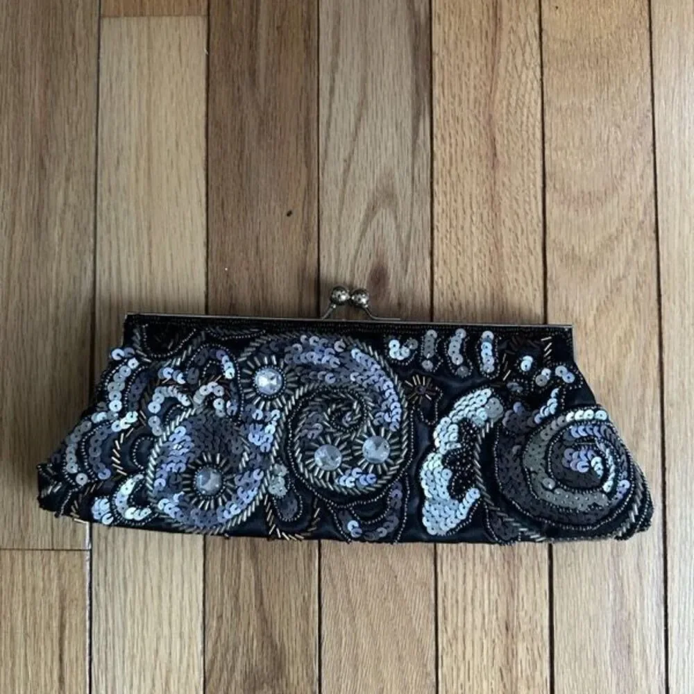 Apt 9 Black Beaded Sequin Clutch Kiss Lock